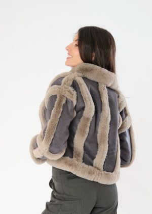 Rosa Distressed Scuba Suede Faux Fur Trim Jacket-Coal