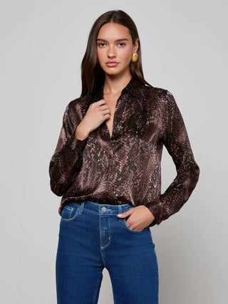 L'Agence Tyler Long Sleeve Blouse-Coffee Bean Multi Desert Snake