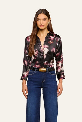 L'Agence Dani 3/4 Sleeve Blouse-Black/Mauve Distressed Rose