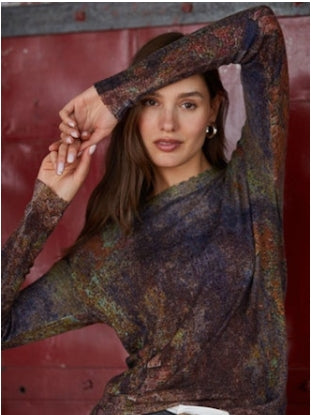 Autumn Cashmere Sheer Rust Print Raw Edge Crew-Navy Combo