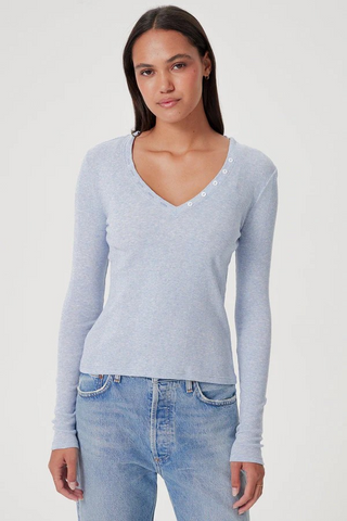 Goldie Valerie Cotton Rib Long Sleeve w/ V Neck Buttons - Blue Heather