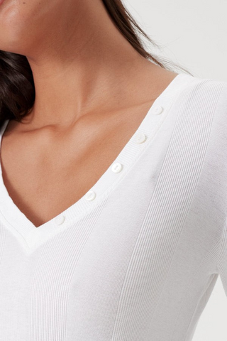 Goldie Valerie Cotton Rib Long Sleeve w/ V Neck Buttons - White