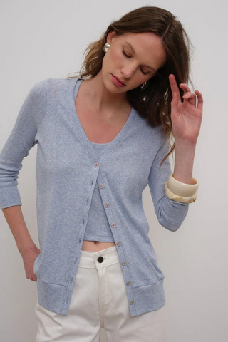 Goldie Cotton Rib V Neck Cardigan - Blue Heather