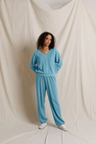 Perfectwhitetee Zuri Reverse Fleece V Neck Sweatshirt - Milky Blue